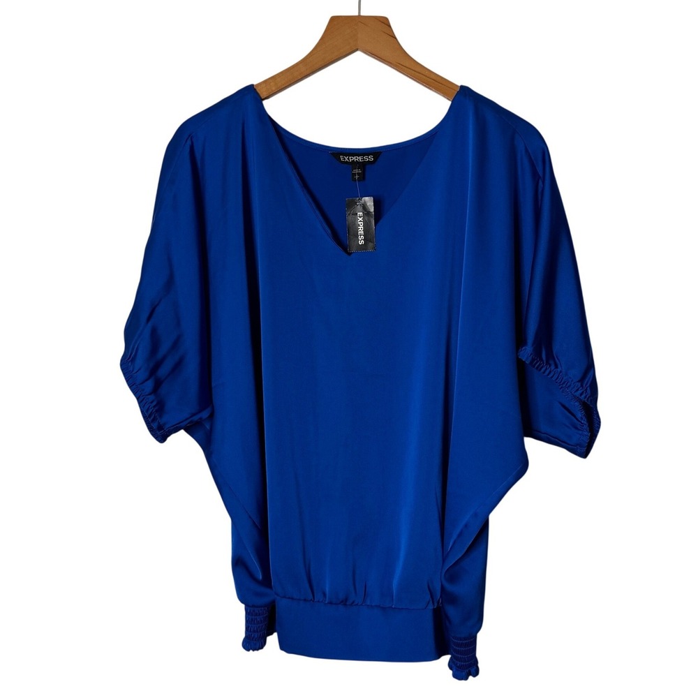 Express Womens Blue Satin Dolman Blouse Smocked Waist V-Neck Top Size Small NEW